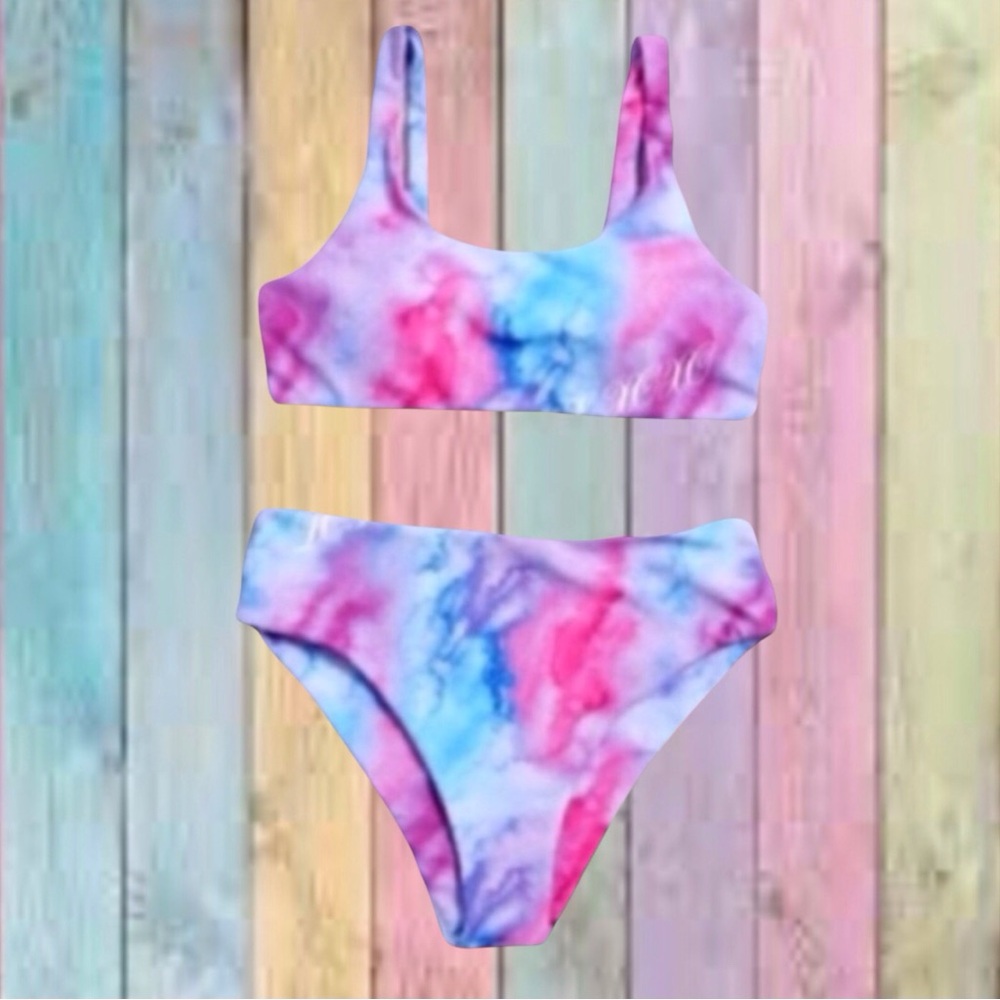 Blue Pink Tie Dye Lined High Waisted Bikini New